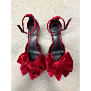 HM Womens Red Velvet Bow Ankle Strap Kitten Heels Pointed Toe Pumps Size 38 7.5